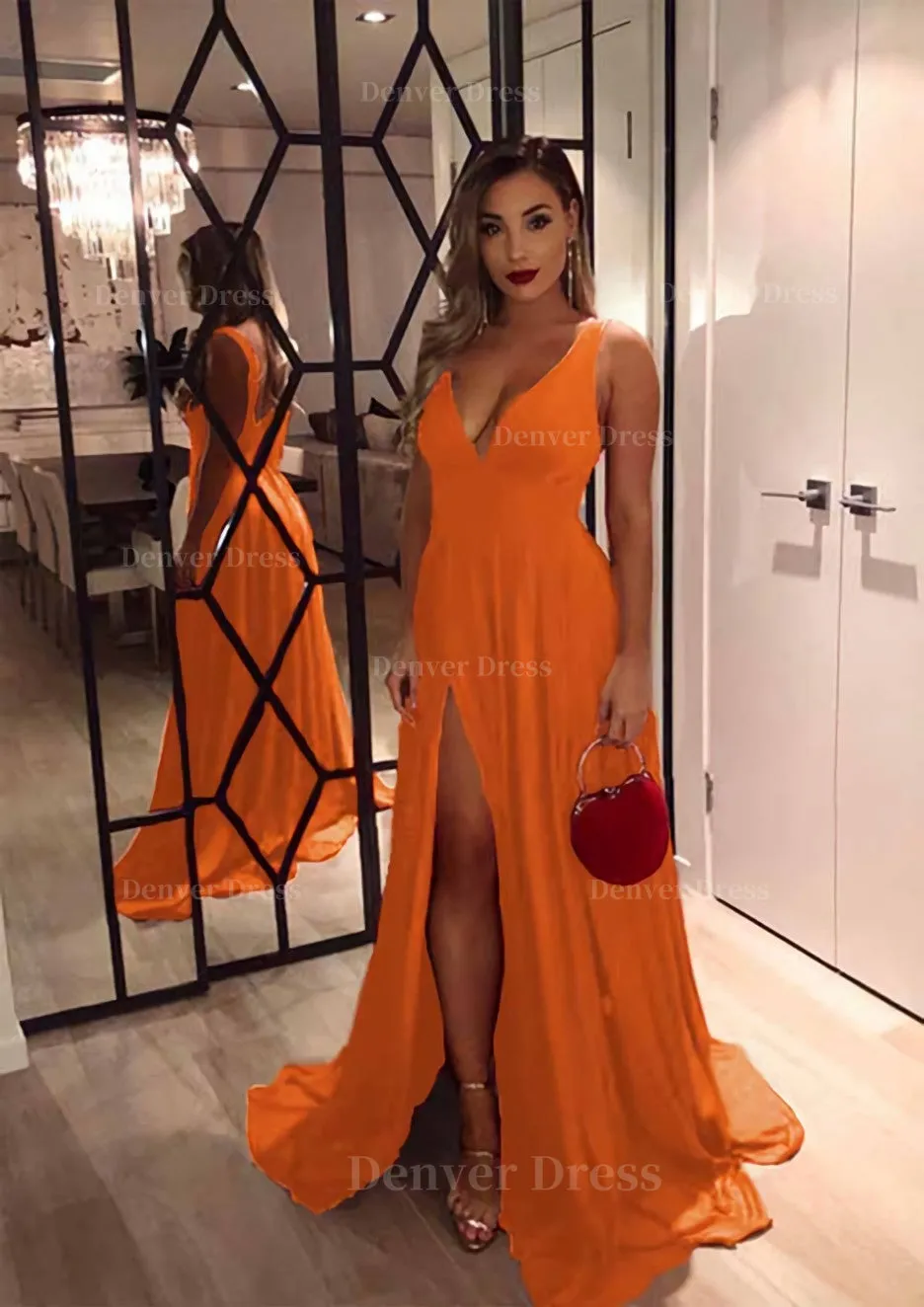 A-line/Princess V Neck Sleeveless Sweep Train Charmeuse Evening Dress