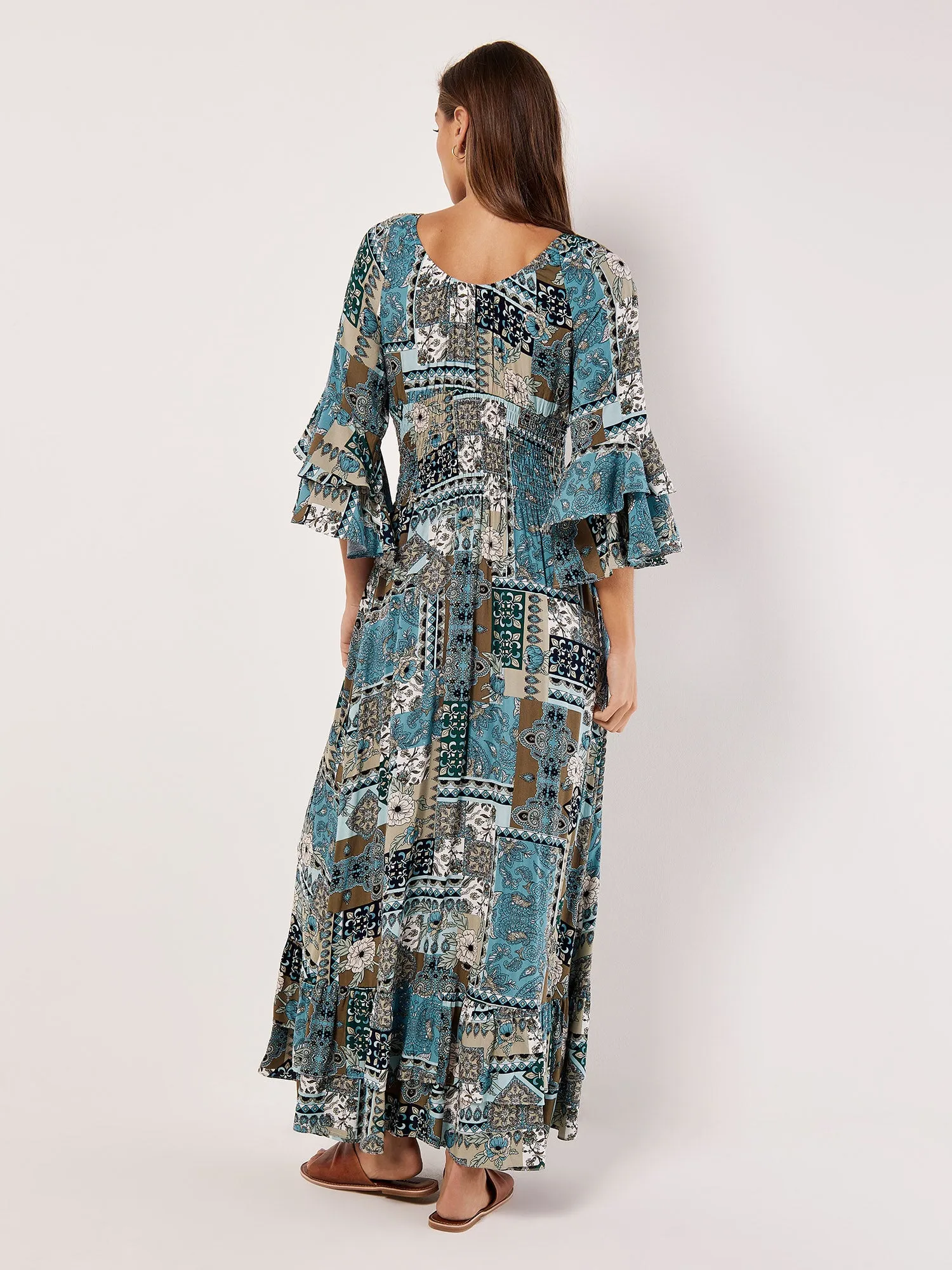 Apricot Patchwork Scarf Print Maxi Dress