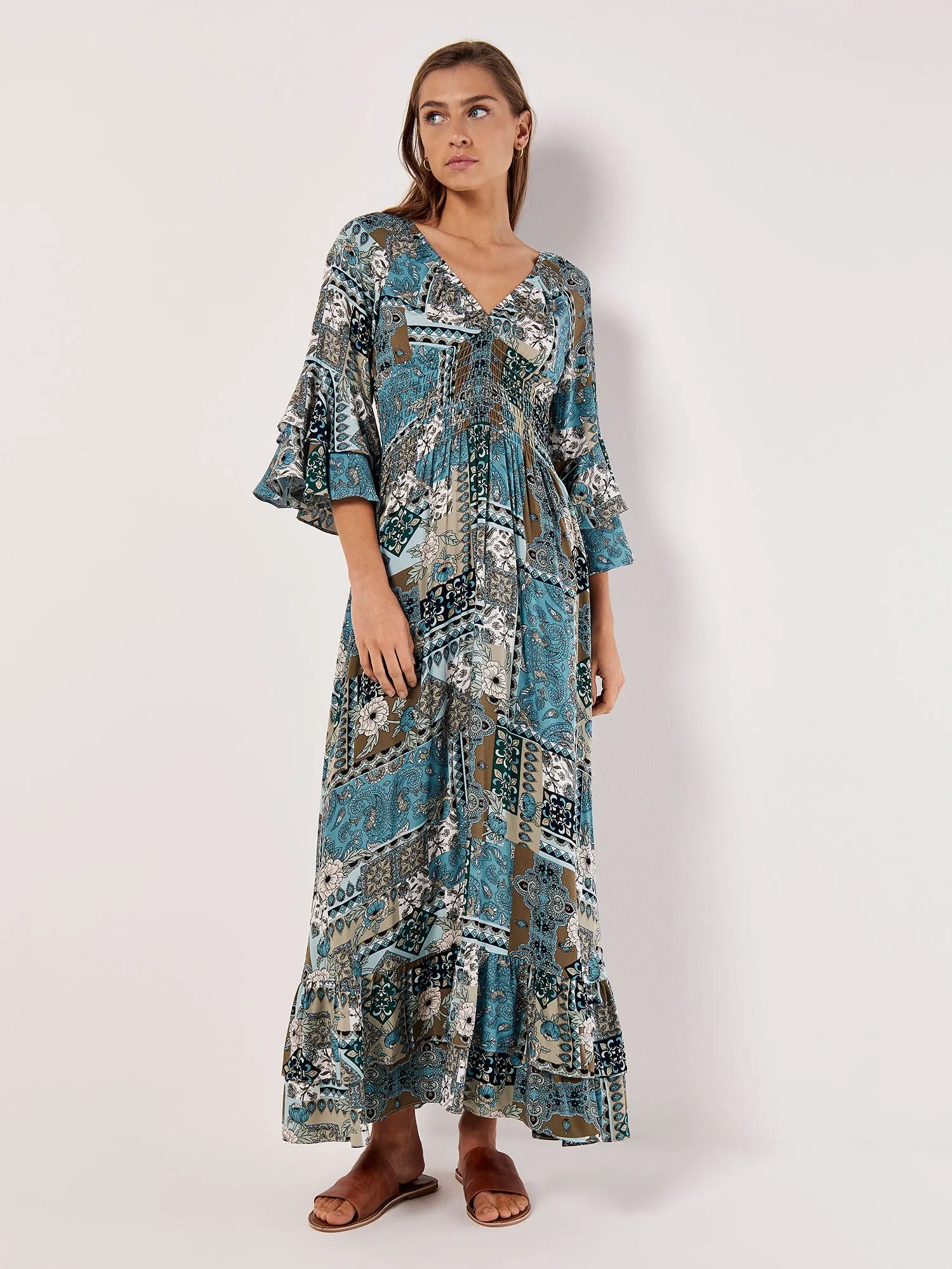 Apricot Patchwork Scarf Print Maxi Dress