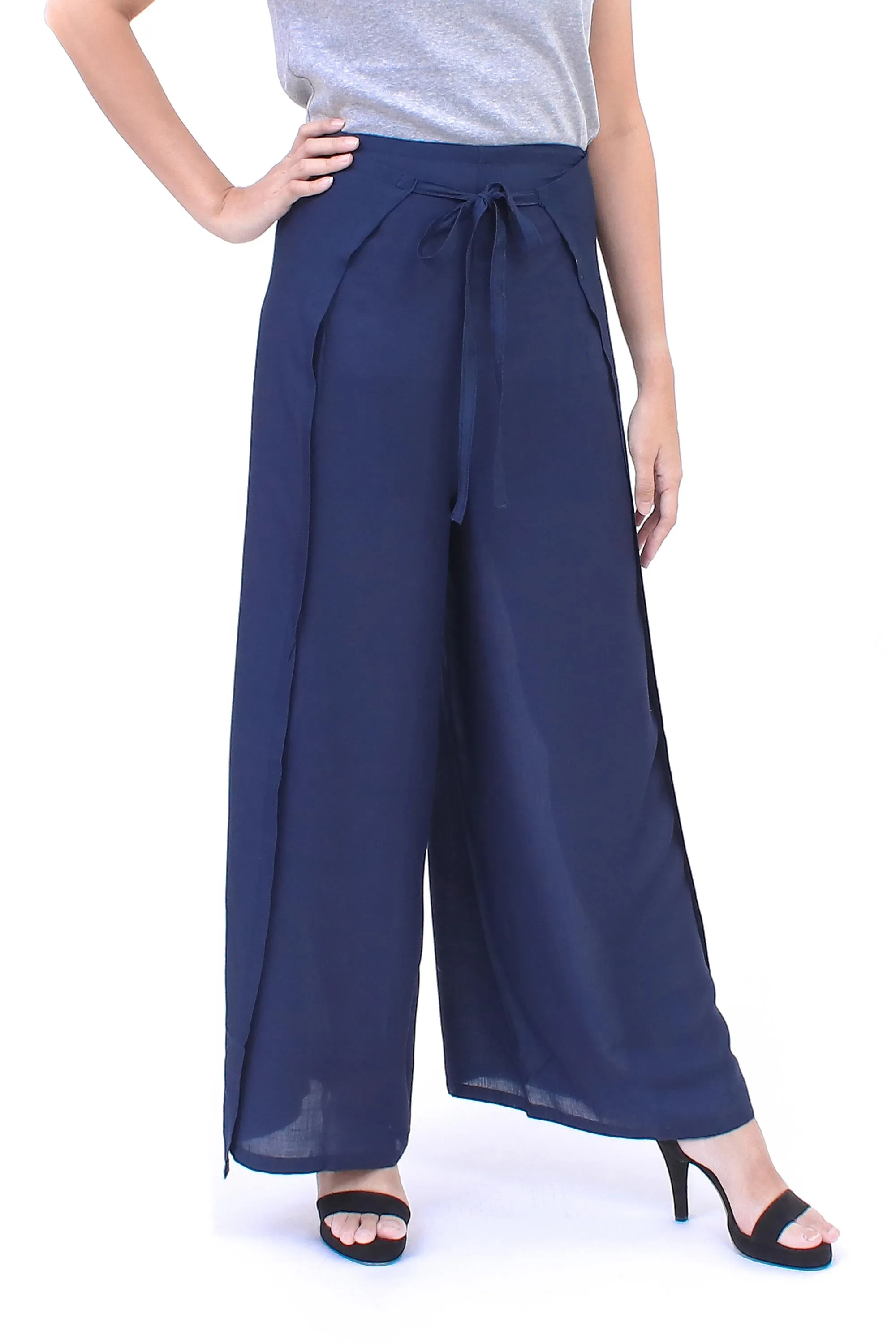 Artisan Made Rayon Wrap Pants - Summer Chill in Solid Navy | NOVICA