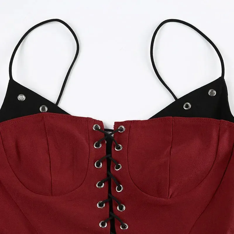 Bandage Patchwork Red Camis Top – Y2K Gothic Slim Streetwear