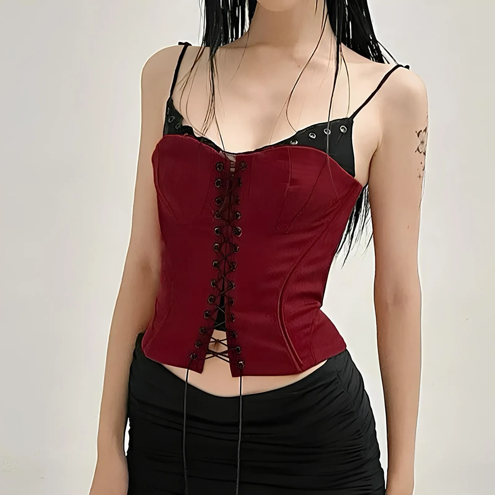 Bandage Patchwork Red Camis Top – Y2K Gothic Slim Streetwear