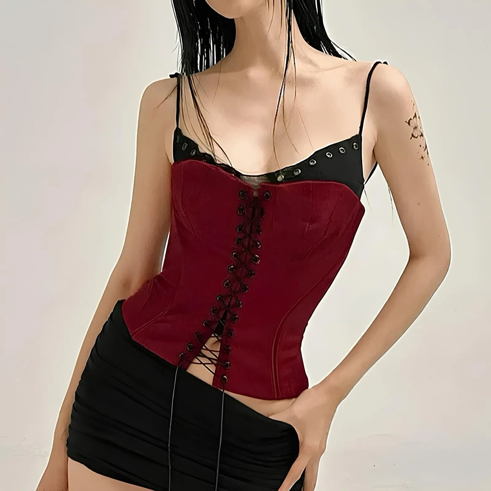 Bandage Patchwork Red Camis Top – Y2K Gothic Slim Streetwear