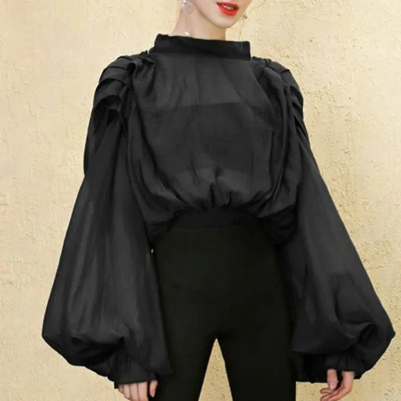 Casual Green Lace Up Blouses Female Stand Collar Batwing Long Sleeve Short Loose Shirts For Women Spring Style