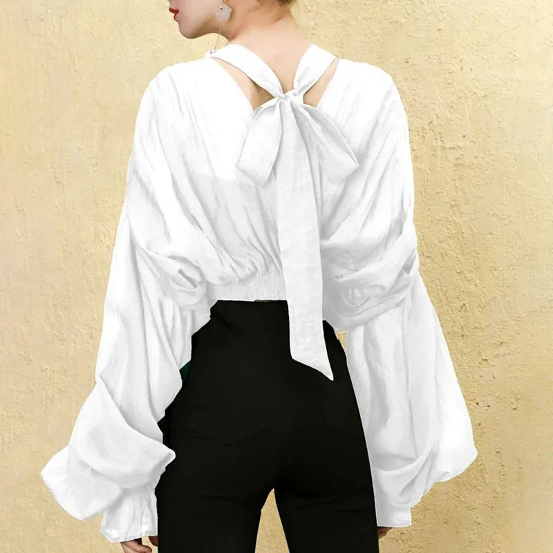 Casual Green Lace Up Blouses Female Stand Collar Batwing Long Sleeve Short Loose Shirts For Women Spring Style