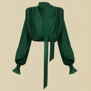 Casual Green Lace Up Blouses Female Stand Collar Batwing Long Sleeve Short Loose Shirts For Women Spring Style