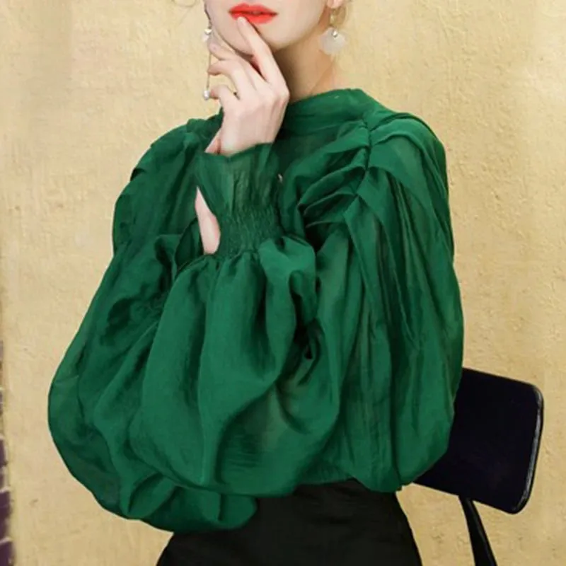 Casual Green Lace Up Blouses Female Stand Collar Batwing Long Sleeve Short Loose Shirts For Women Spring Style