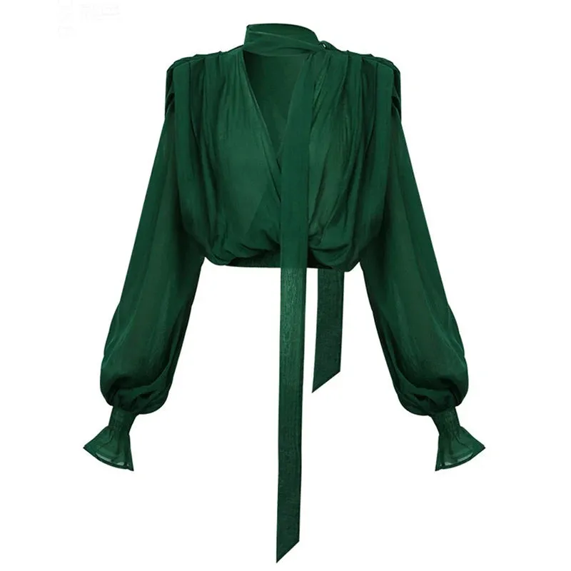 Casual Green Lace Up Blouses Female Stand Collar Batwing Long Sleeve Short Loose Shirts For Women Spring Style