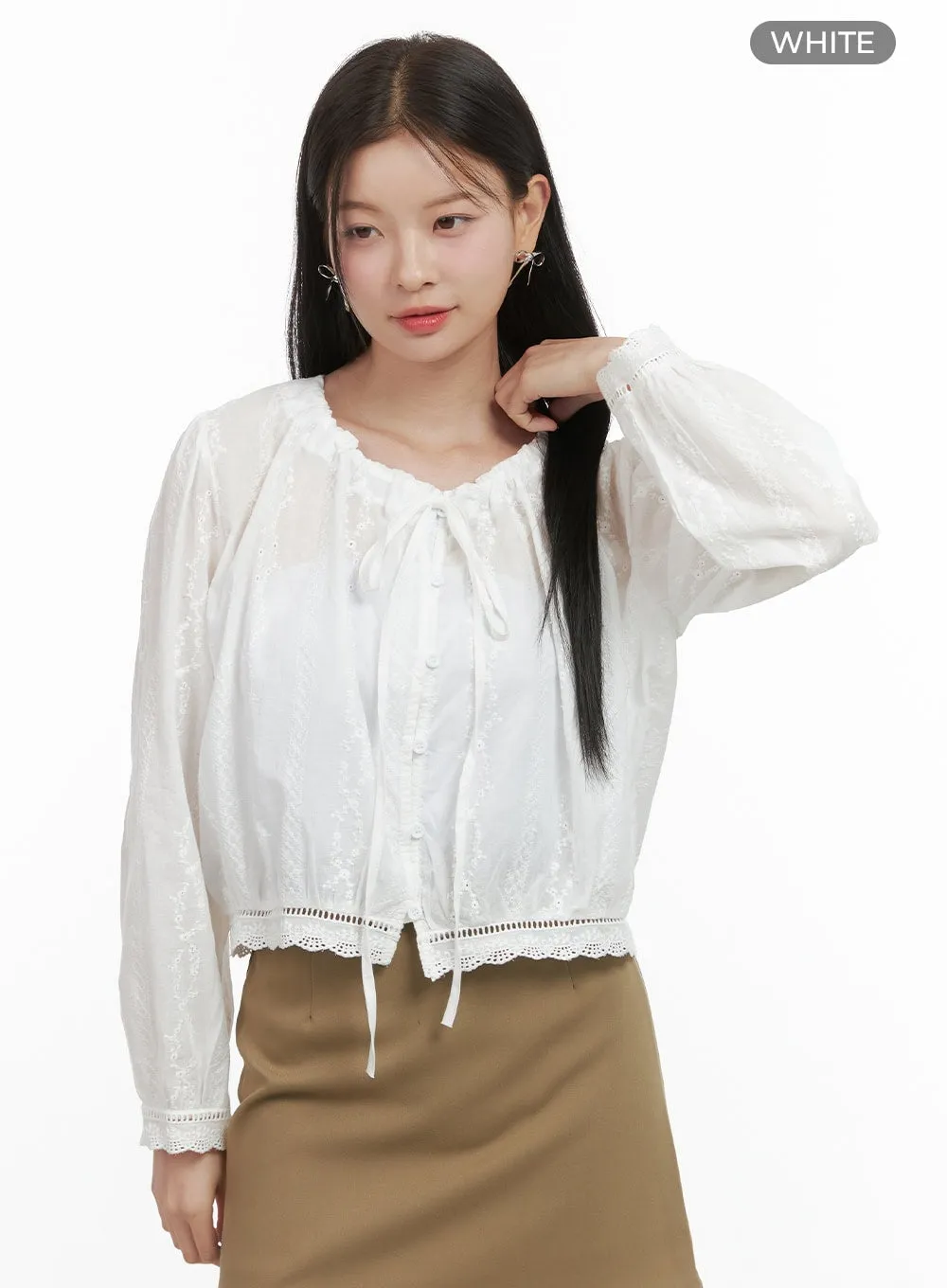 Chic Lace and Ribbon Cotton Blouse OS411