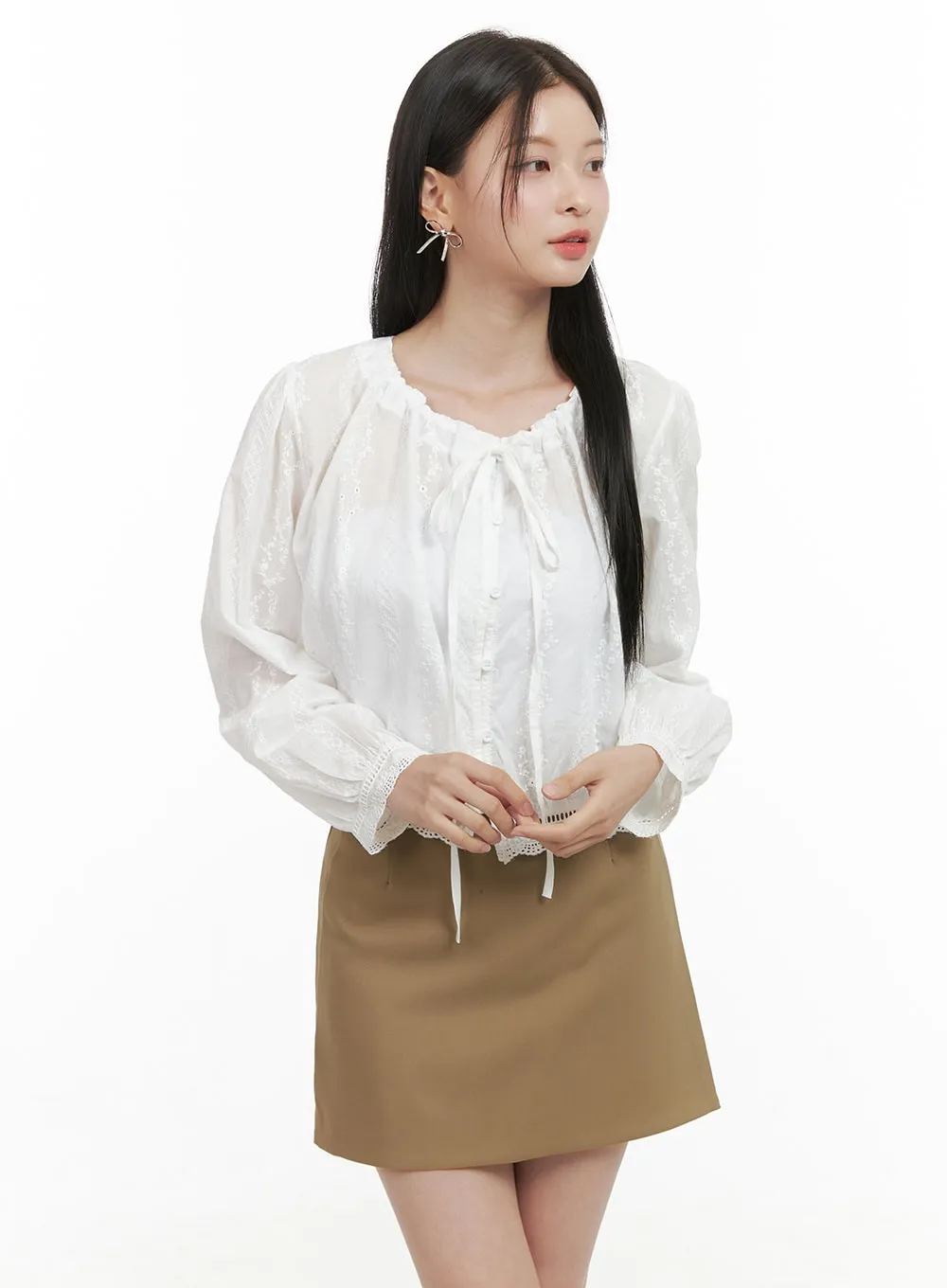 Chic Lace and Ribbon Cotton Blouse OS411