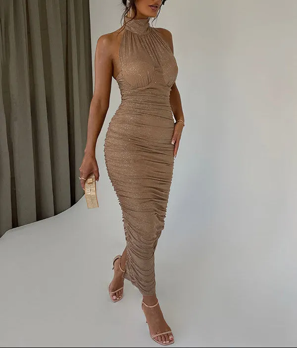 Fashion Halter Neck Backless Silver Bodycon Dress