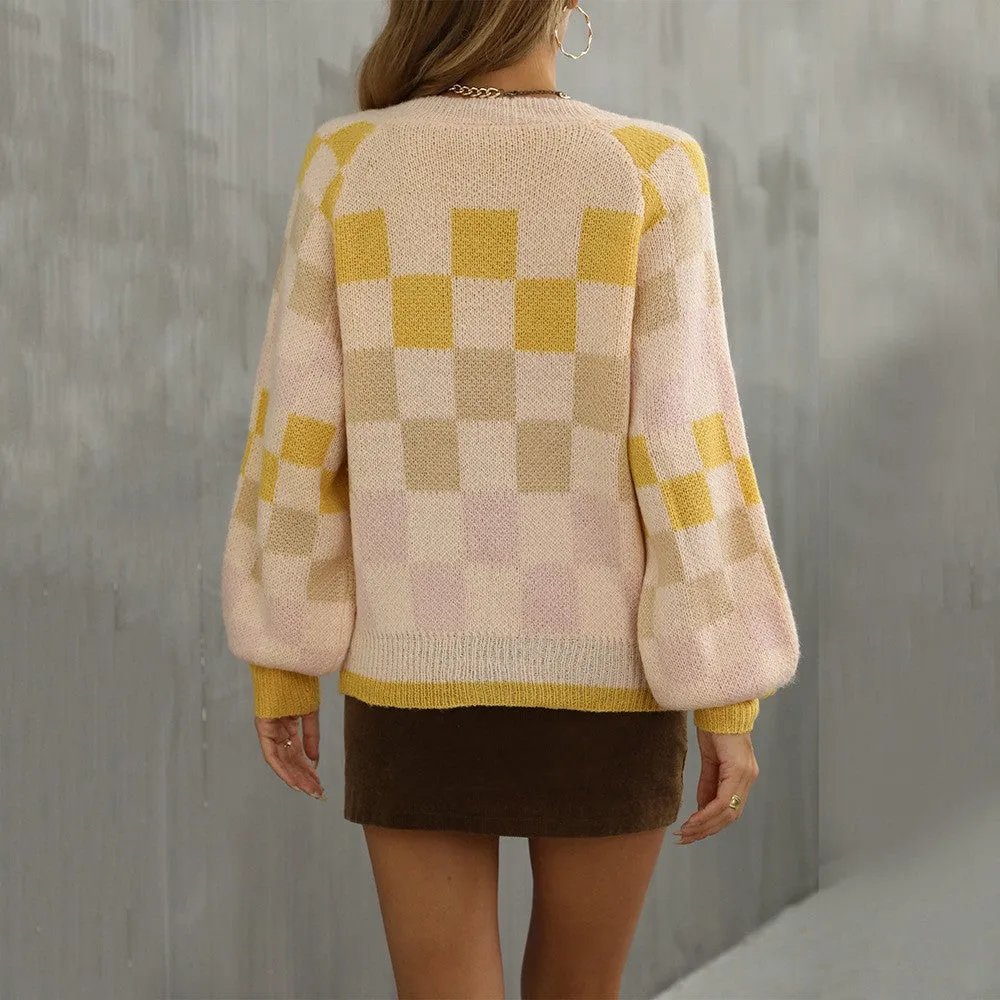 Fashion V-Neck Plaid Contrast Knit Sweater