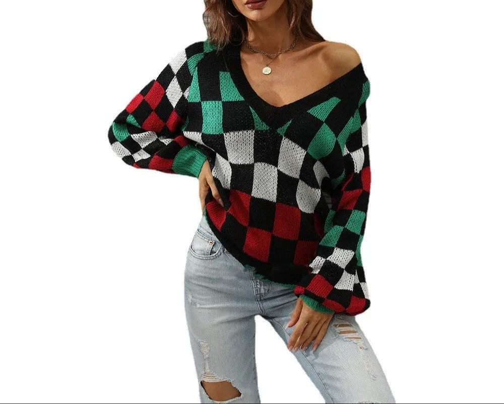 Fashion V-Neck Plaid Contrast Knit Sweater