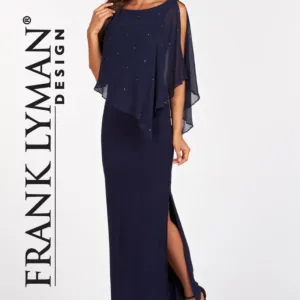 Frank Lyman Evening Dress Long Navy / Chiffon Overlay Top Style 68004