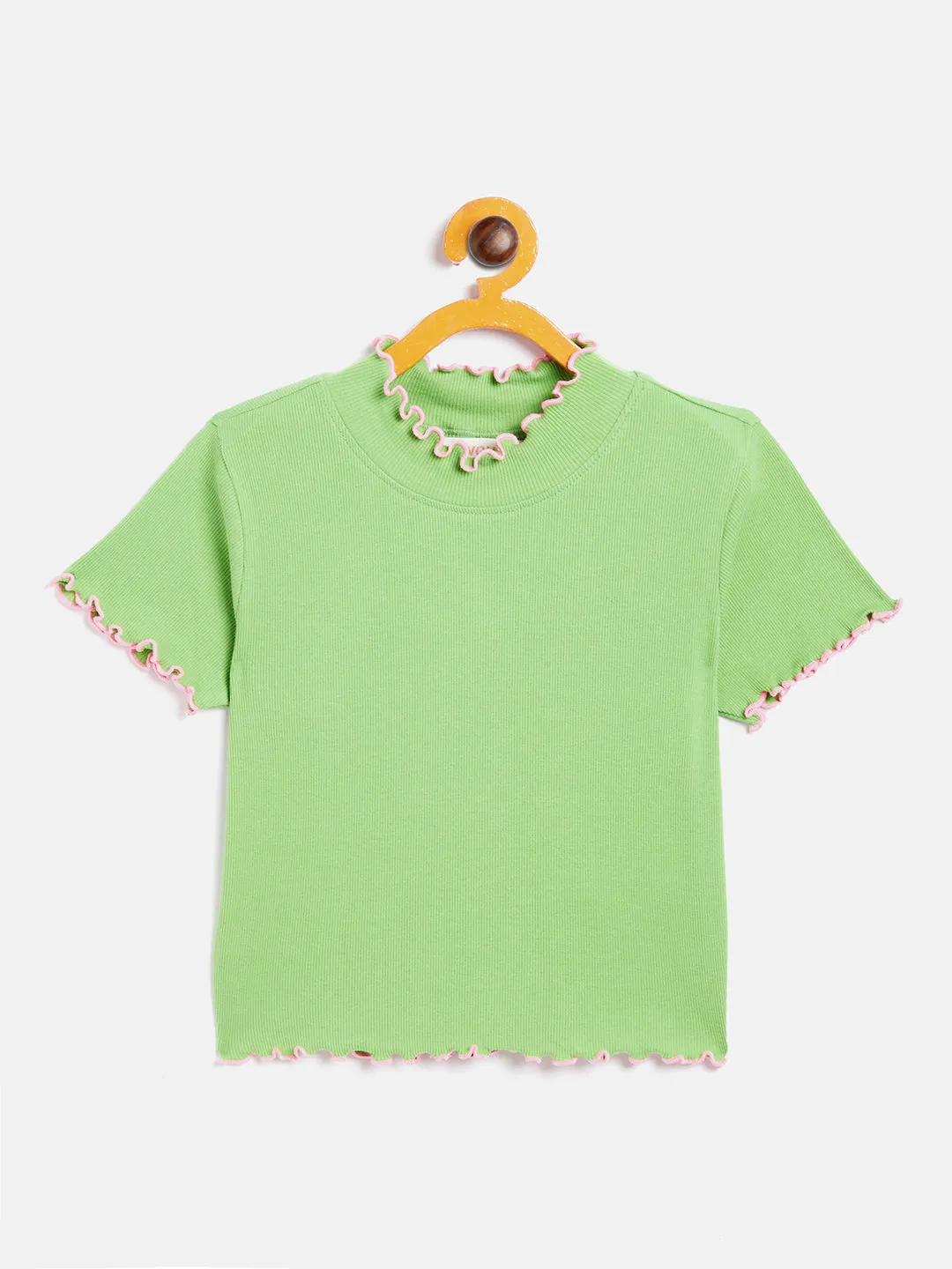 Girls Green High Neck Rib Crop Top