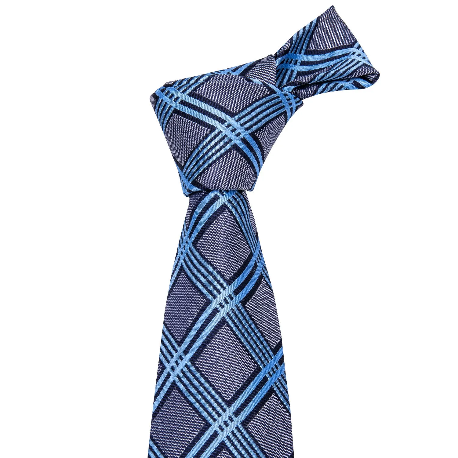 Hi-Tie Mens Grey Blue Plaid Silk Men's Tie Pocket Square Cufflinks Set