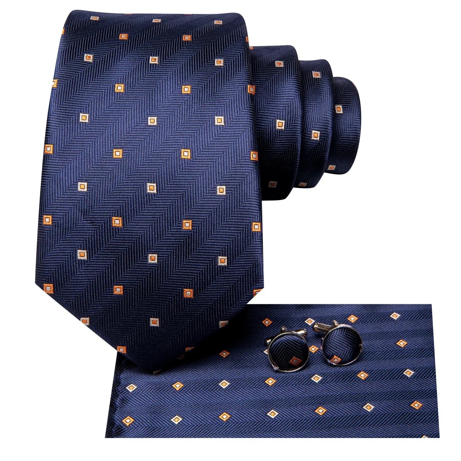 Hi-Tie Navy Blue Navy Blue Novelty Men Tie Pocket Square Cufflinks Set