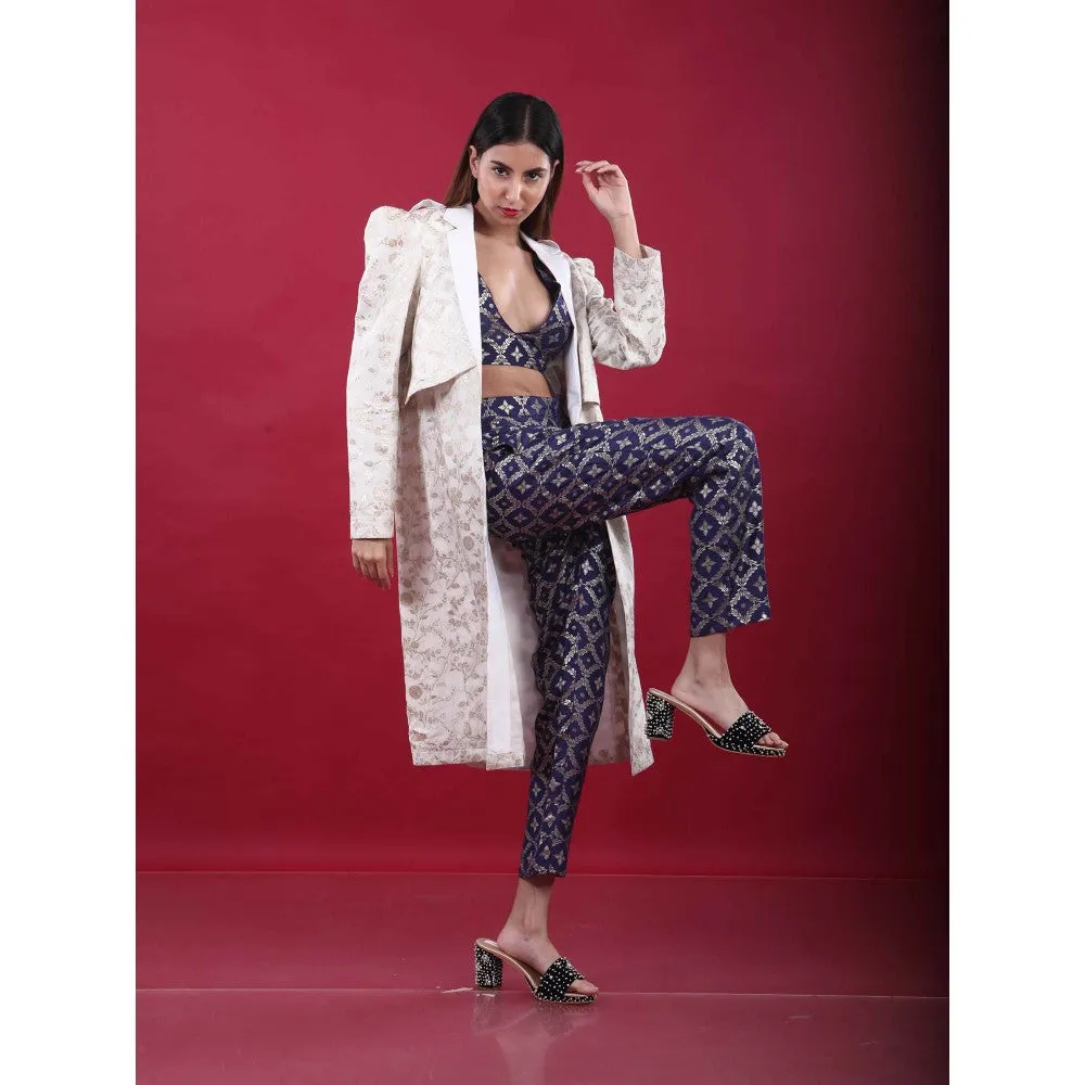 MONK & MEI Swara-Trench Coat Suit-White & Deep Blue (Set of 3)