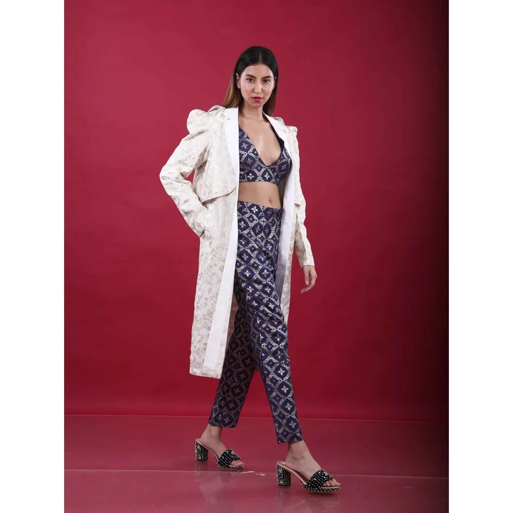 MONK & MEI Swara-Trench Coat Suit-White & Deep Blue (Set of 3)