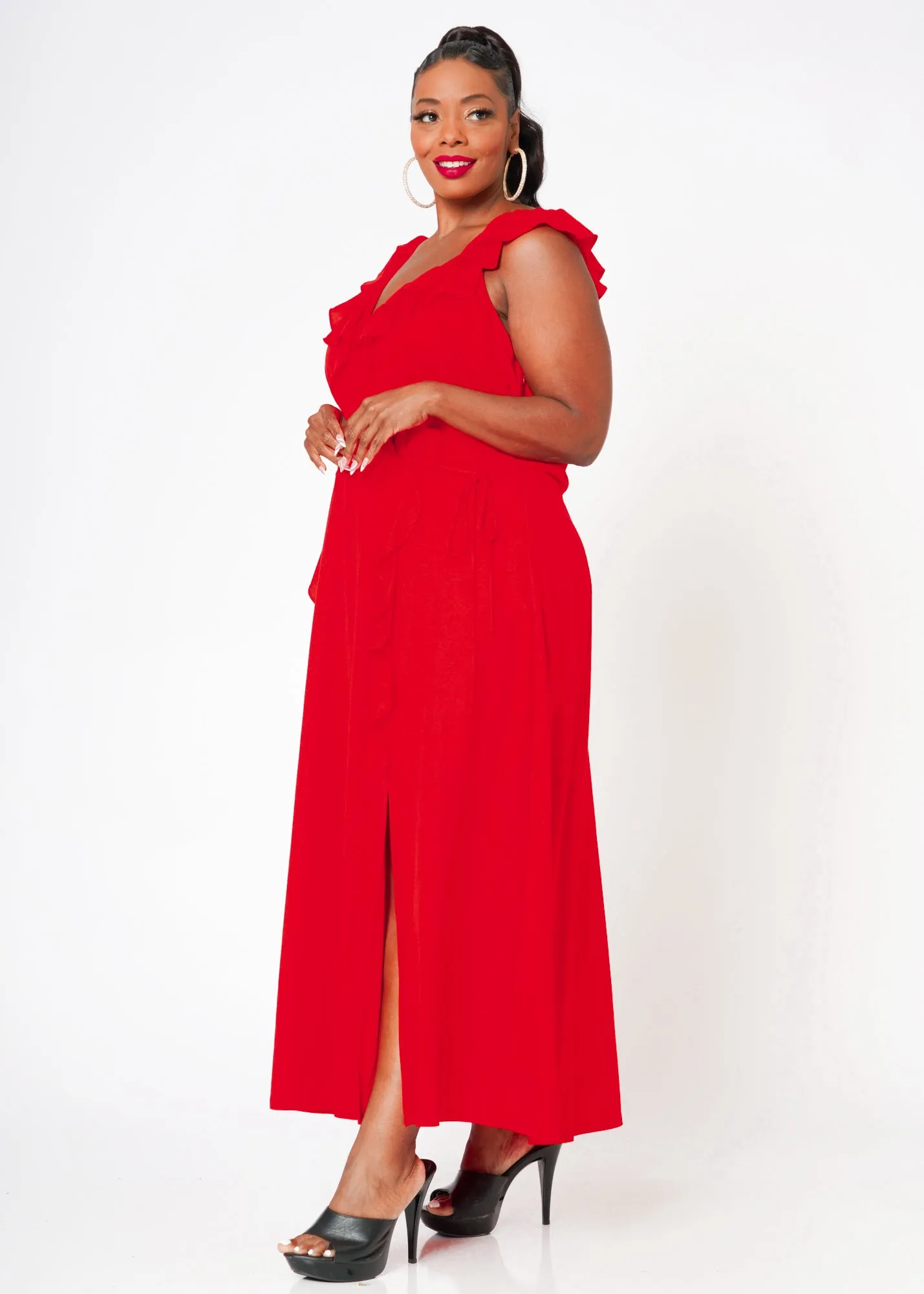 Plus Size Ruffle Trim Wrapped Maxi Dress in Red