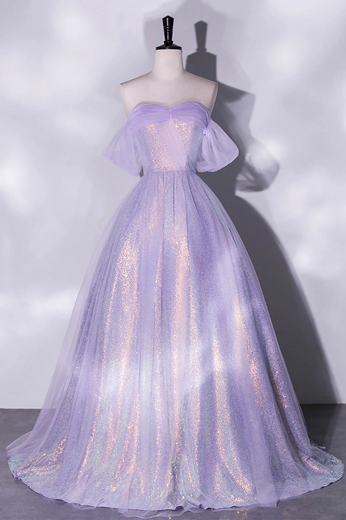 Purple Sequins Long A-Line Prom Dress, Off the Shoulder Evening Party Dress
