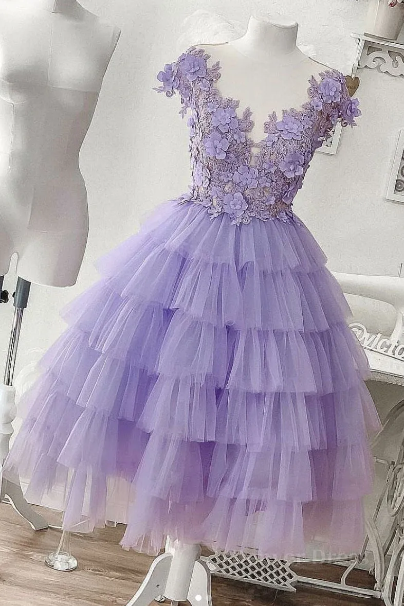 Purple tulle short prom dress purple evening dress