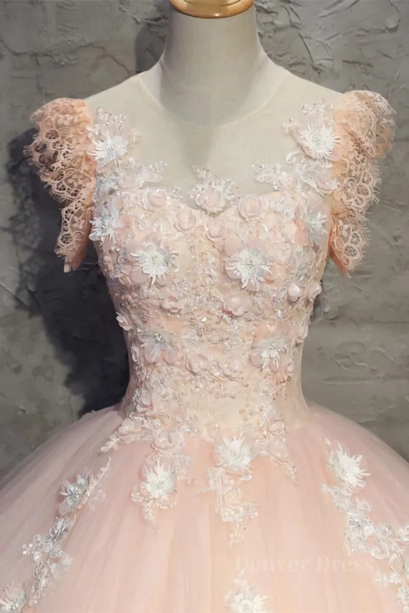 Round Neck Cap Sleeves Lace Pink Long Prom Dress Pink Lace Formal Dress Pink Evening Dress Ball Gown