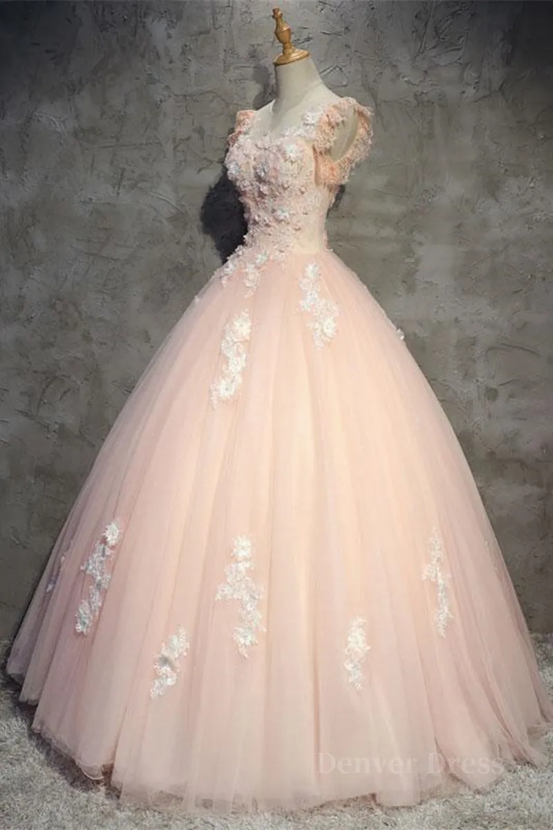 Round Neck Cap Sleeves Lace Pink Long Prom Dress Pink Lace Formal Dress Pink Evening Dress Ball Gown