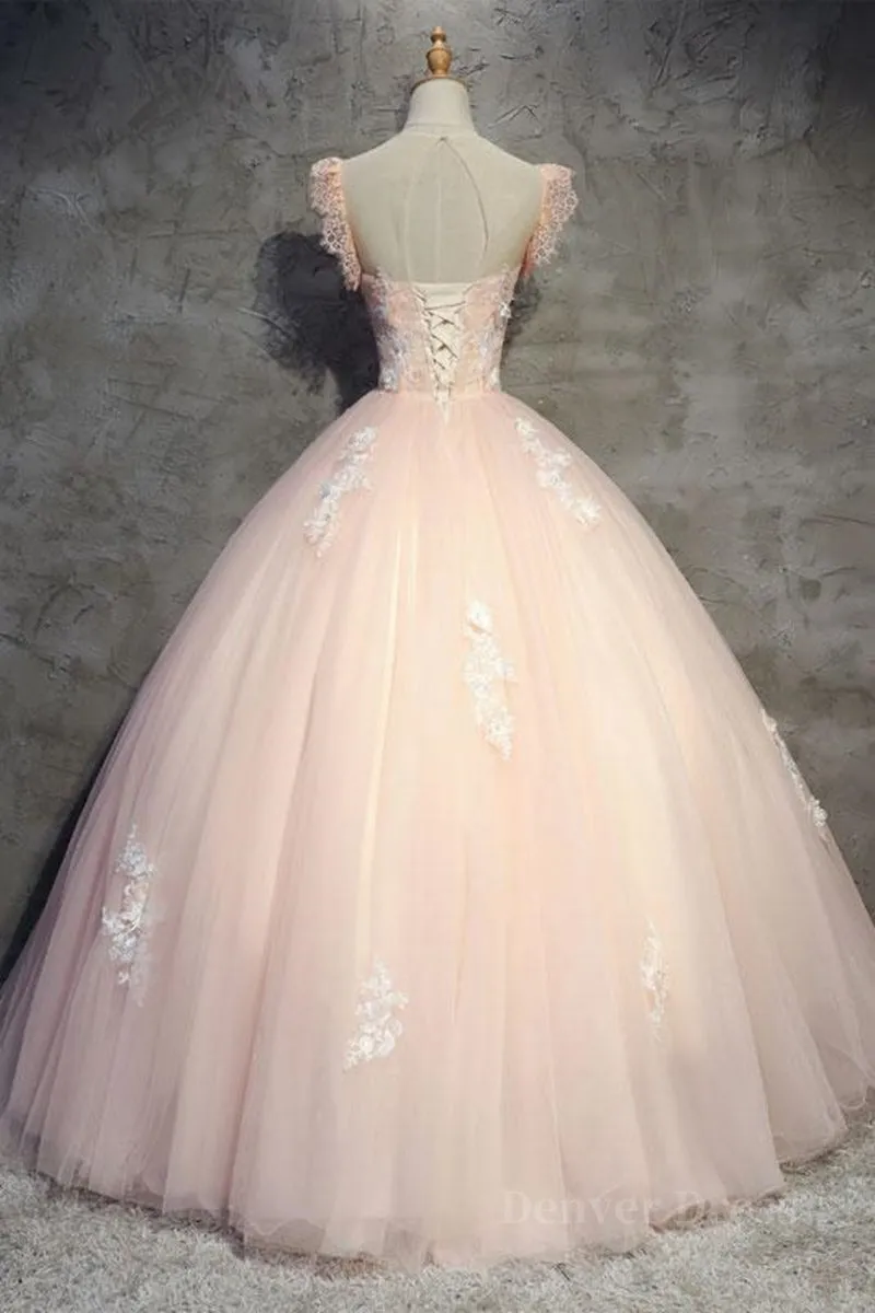 Round Neck Cap Sleeves Lace Pink Long Prom Dress Pink Lace Formal Dress Pink Evening Dress Ball Gown