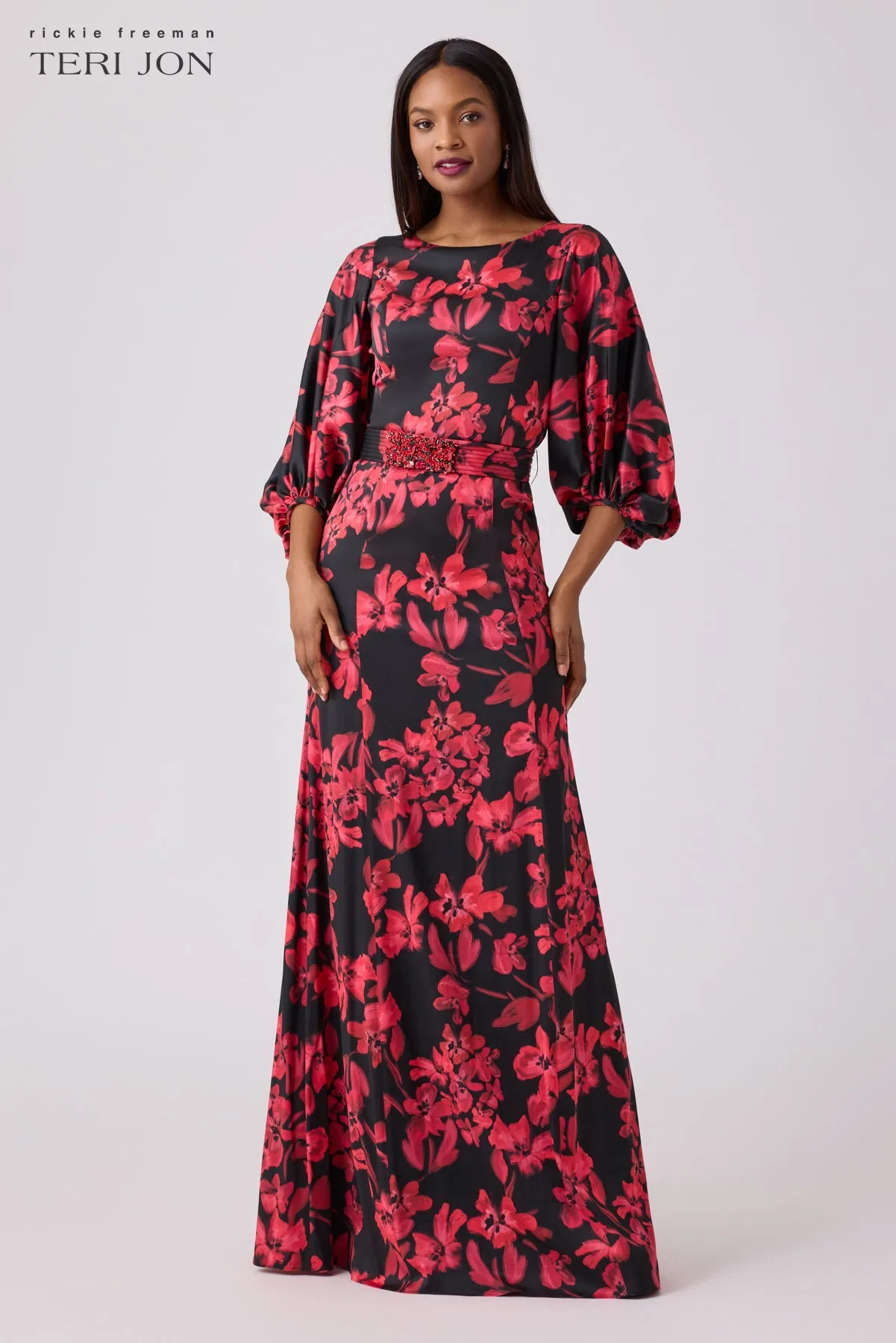 Silk Floral Jewel Belt Gown