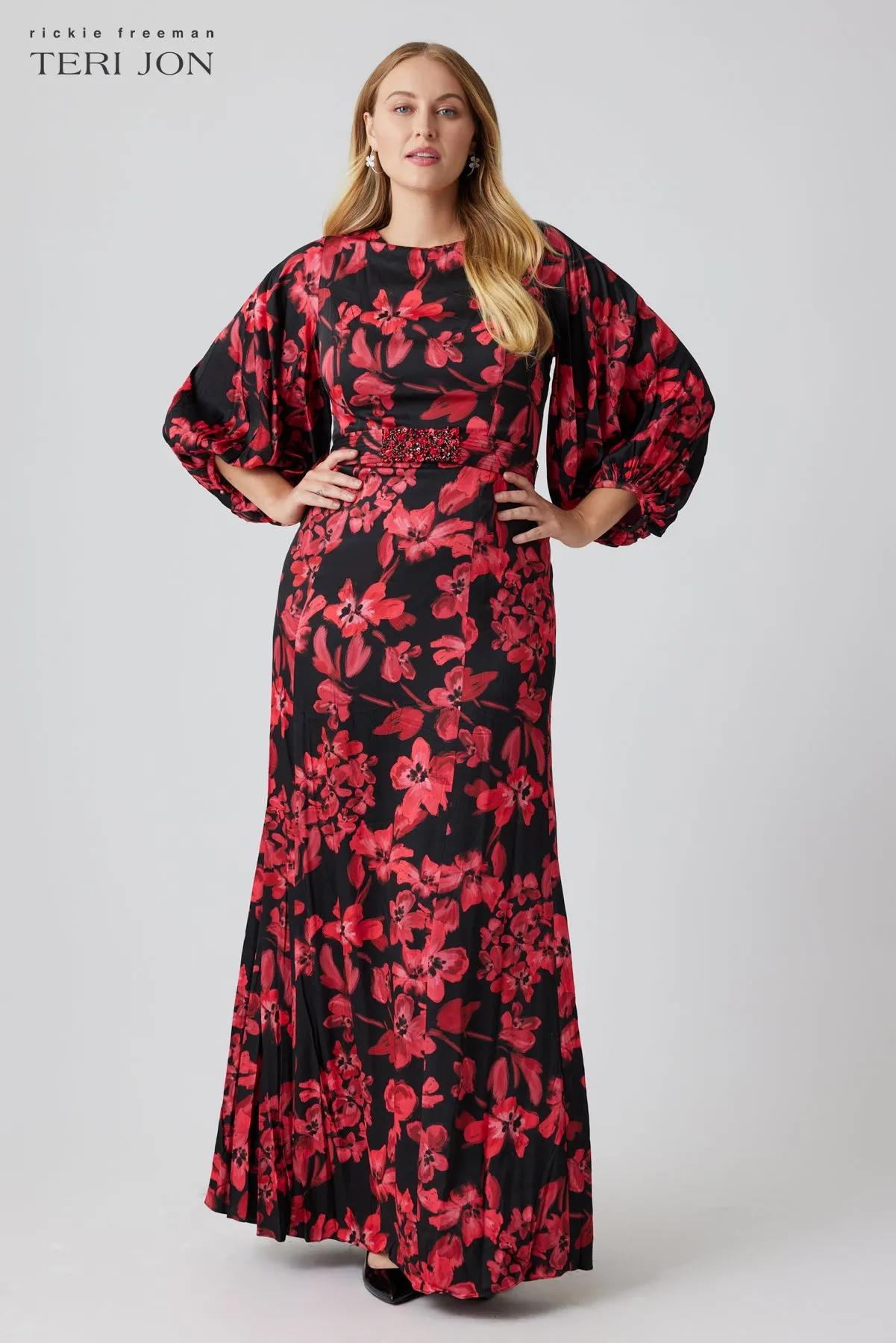 Silk Floral Jewel Belt Gown