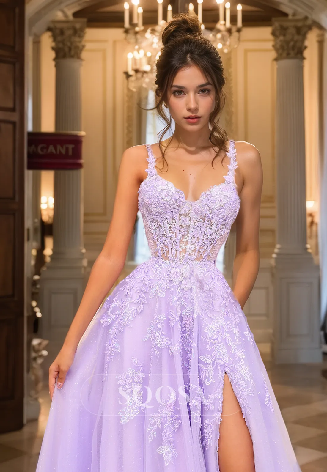 Sweetheart Spaghetti Straps Sleeveless Evening Dress Lace Applique Glitter-Knit A-Line Prom Dress