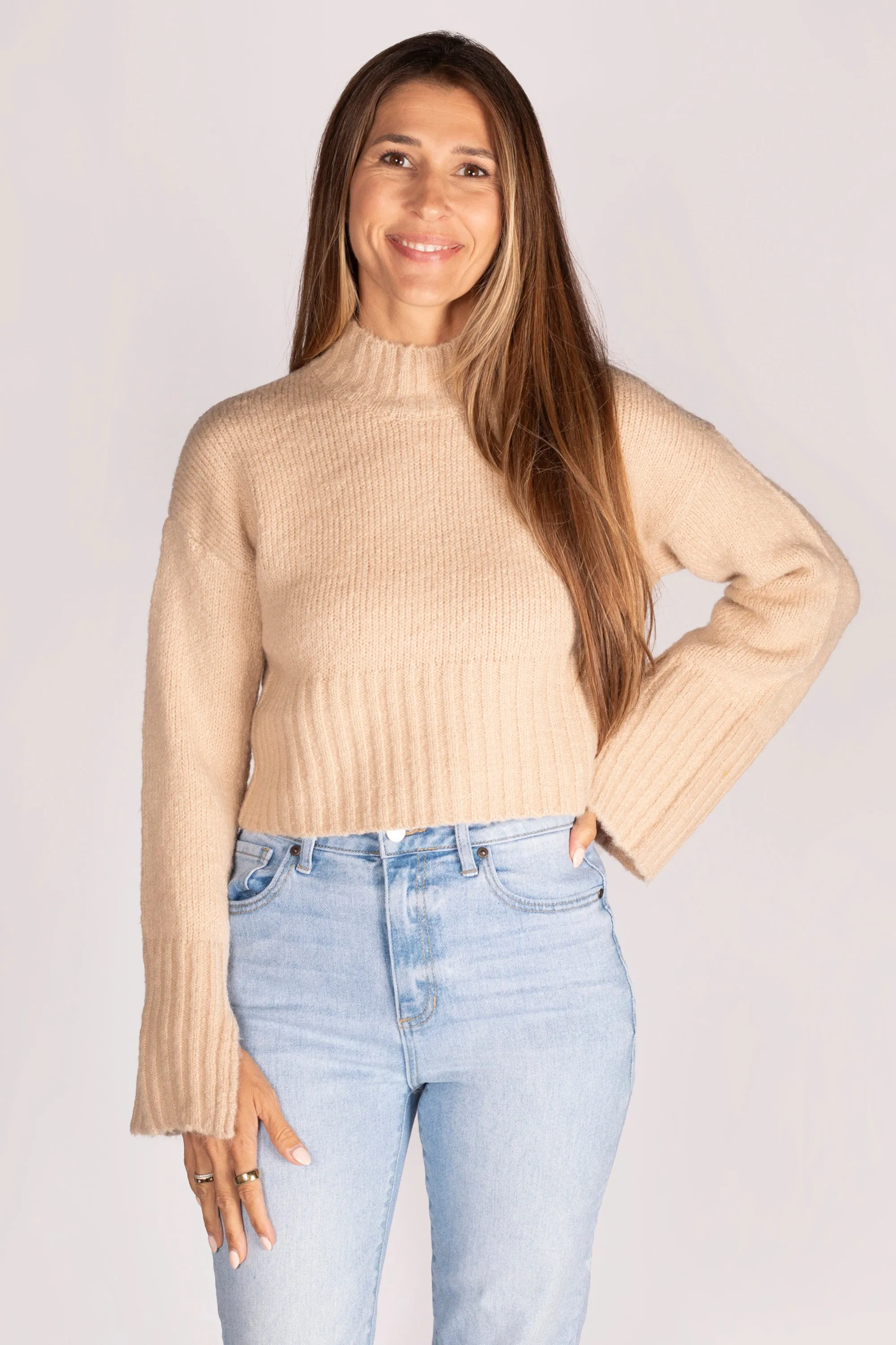 Taupe Mock Neck Cropped Sweater - SALE
