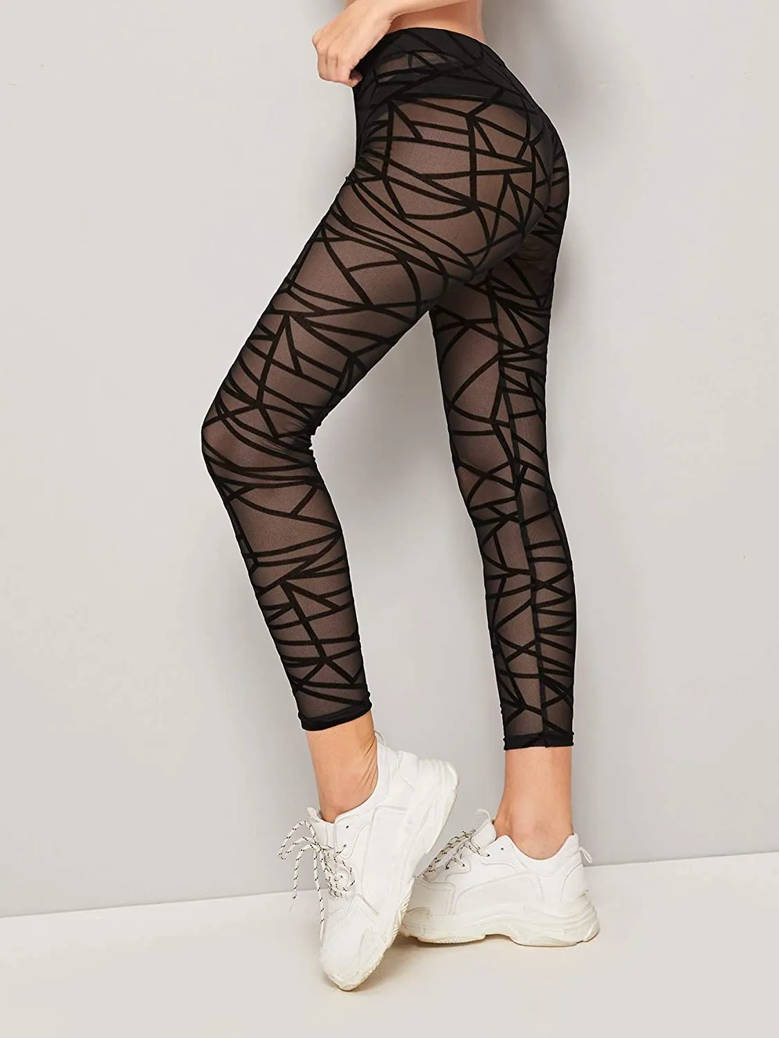 Verdusa Women's Elastic Waist Geo Print Sheer Mesh Skinny Cropped Leggings