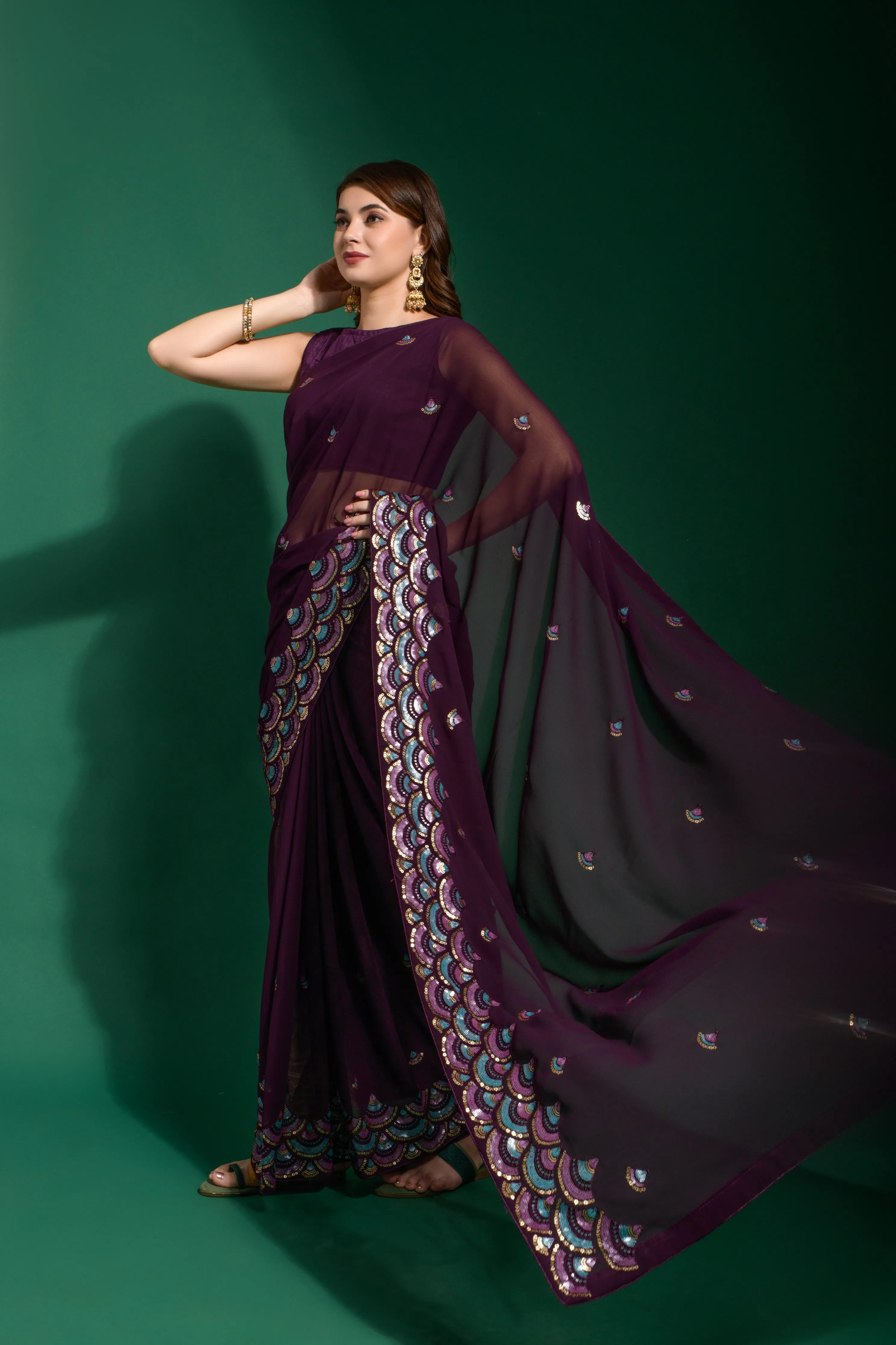 Women Party Wear Designer Purple Colour Heavy Georgette Fabric Sequence Embroidery Worked Saree Collection