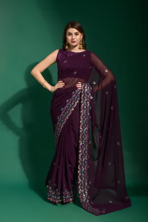 Women Party Wear Designer Purple Colour Heavy Georgette Fabric Sequence Embroidery Worked Saree Collection