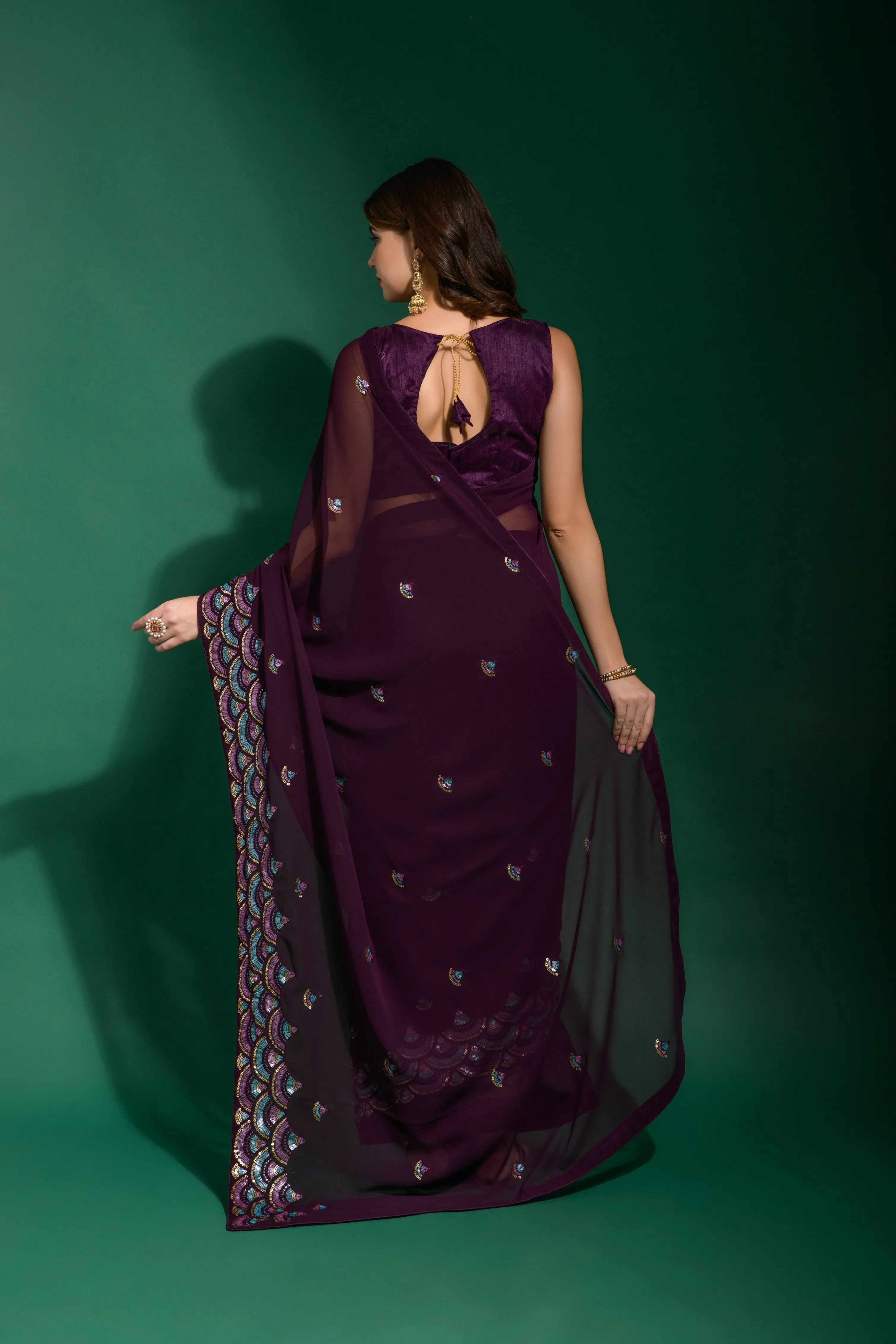 Women Party Wear Designer Purple Colour Heavy Georgette Fabric Sequence Embroidery Worked Saree Collection
