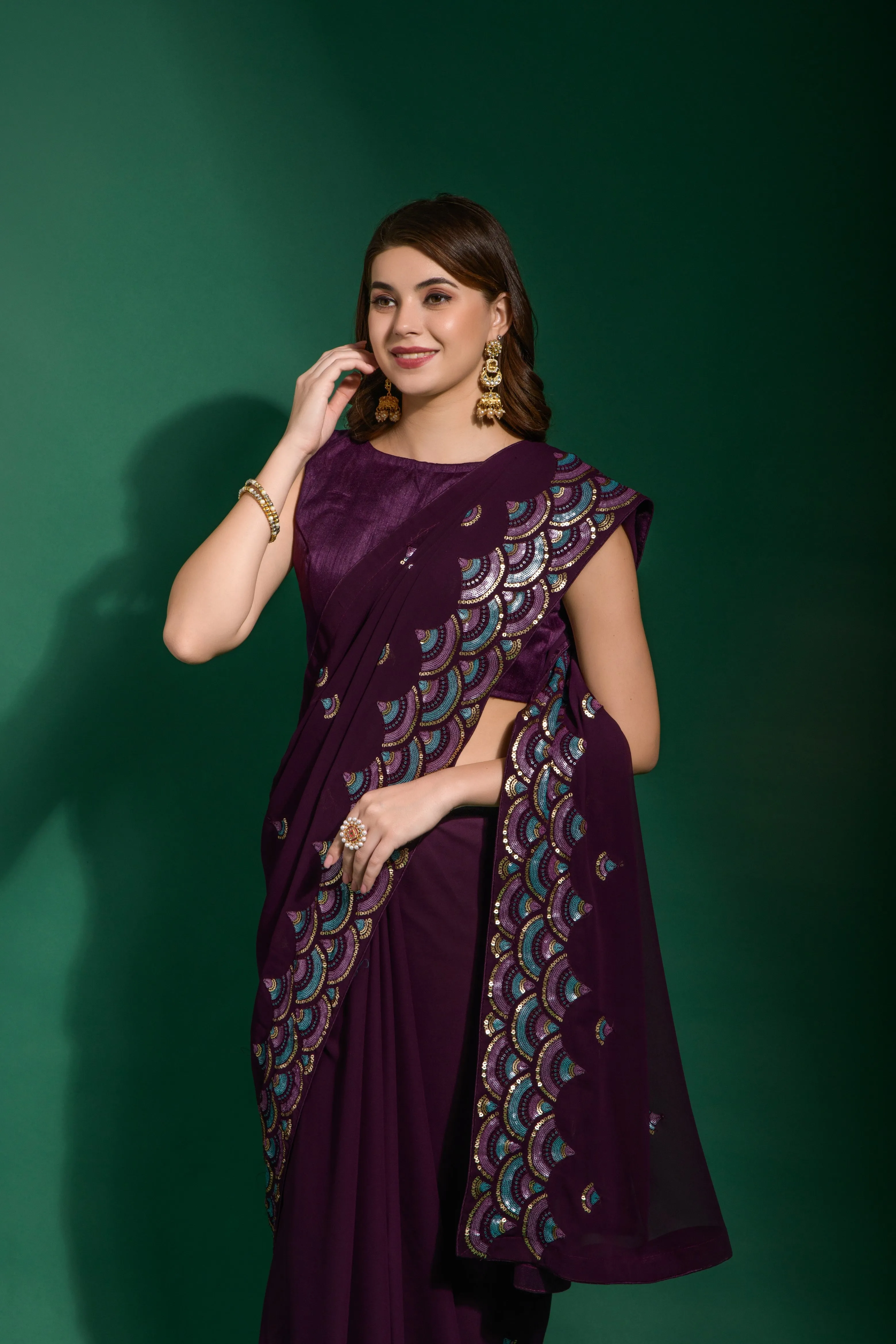 Women Party Wear Designer Purple Colour Heavy Georgette Fabric Sequence Embroidery Worked Saree Collection