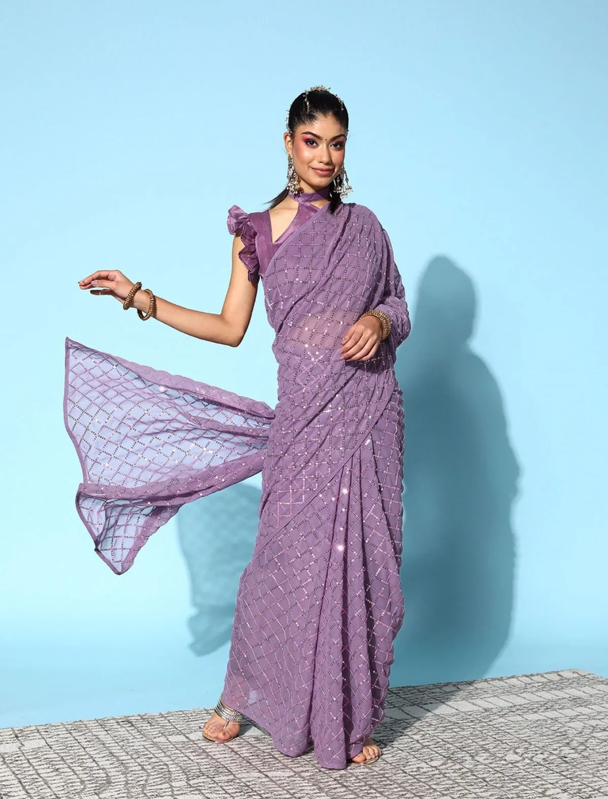 Women Party Wear Designer Purple Colour Soft Georgette Fabric Sequence Embroidery Worked Saree Collection