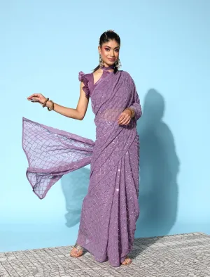 Women Party Wear Designer Purple Colour Soft Georgette Fabric Sequence Embroidery Worked Saree Collection