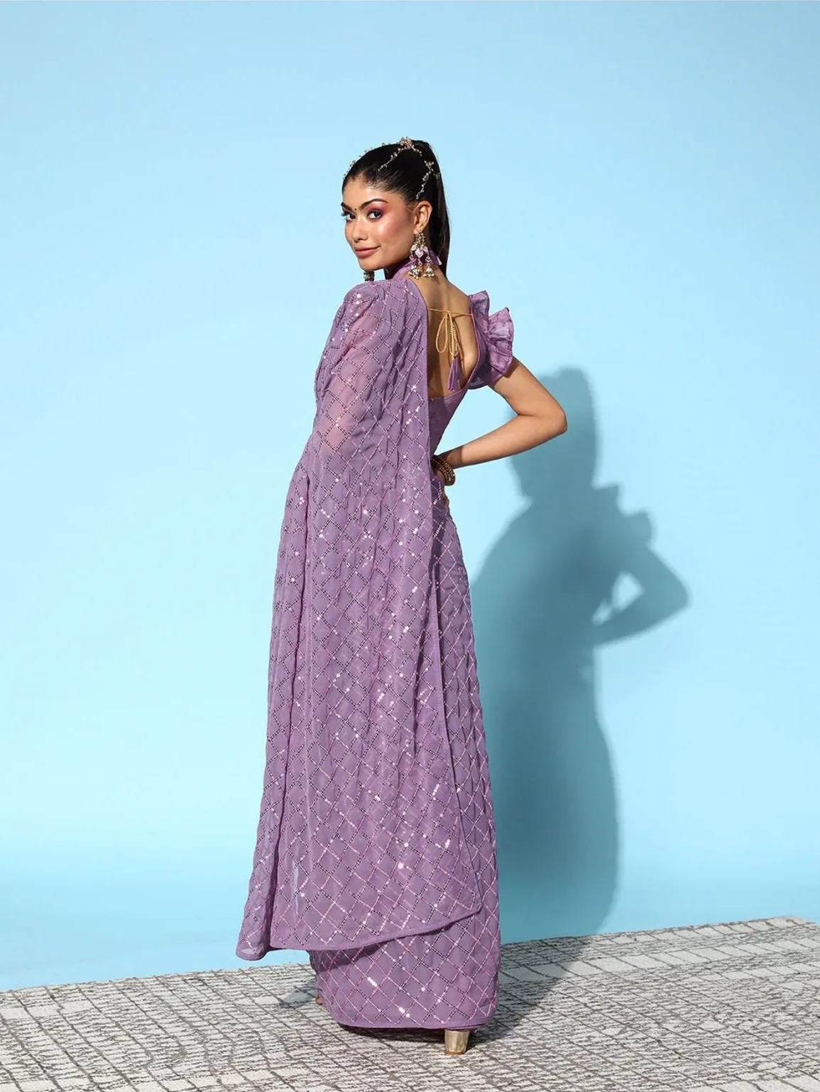 Women Party Wear Designer Purple Colour Soft Georgette Fabric Sequence Embroidery Worked Saree Collection