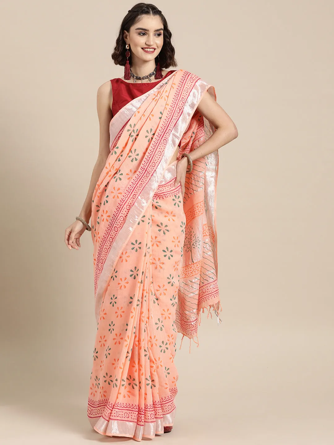 Women Peach Linen Blend Khadi Saree