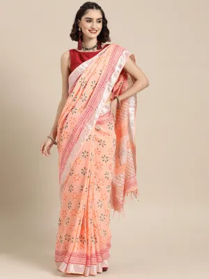 Women Peach Linen Blend Khadi Saree