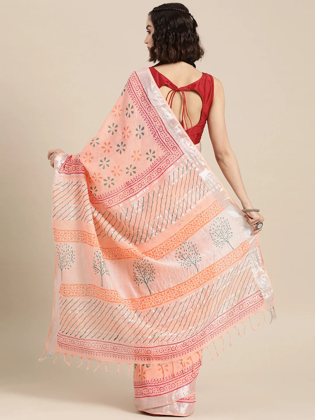 Women Peach Linen Blend Khadi Saree