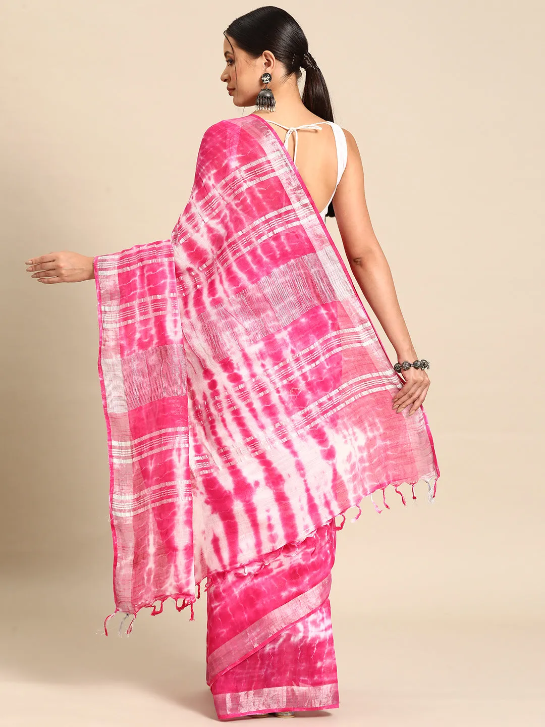 Women Pink Cotton Linen Saree