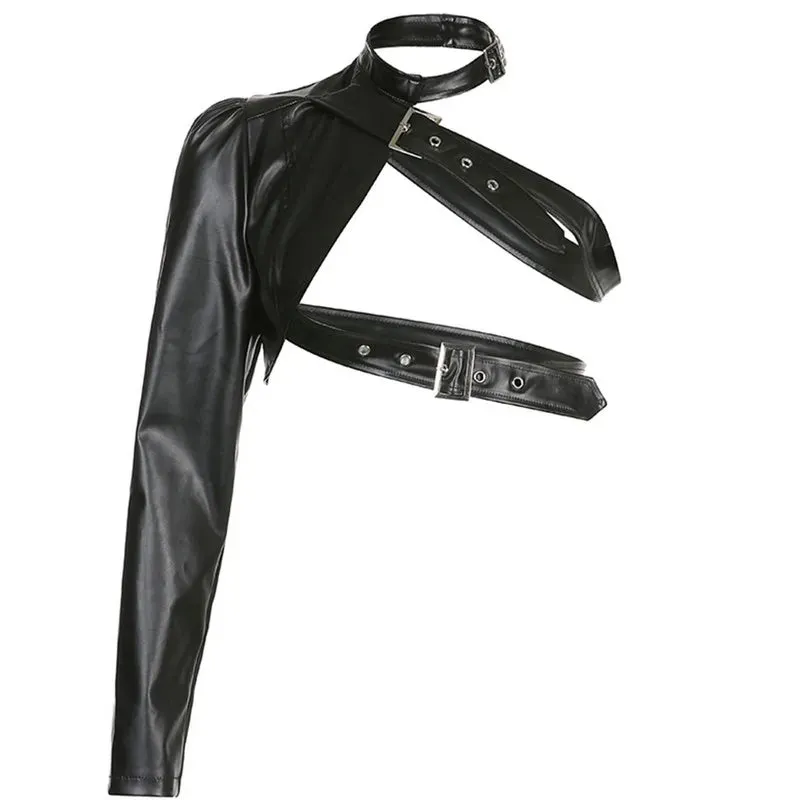 Women Top Punk Style Crop Tops Spring Autumn Clothes Long Sleeve Leather Belt Tees Female Clothing Sexy Club y2k Streetwear