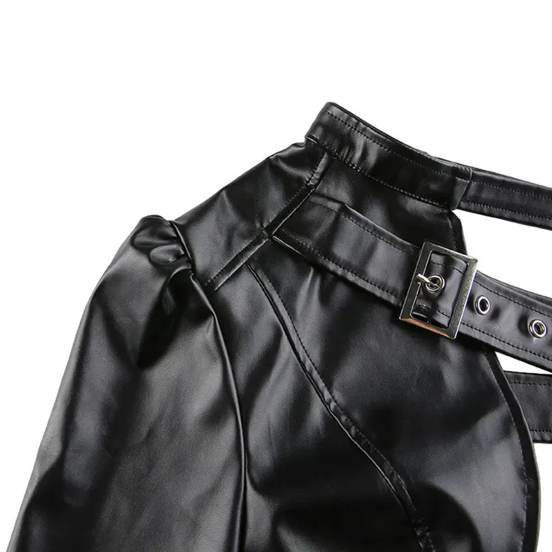 Women Top Punk Style Crop Tops Spring Autumn Clothes Long Sleeve Leather Belt Tees Female Clothing Sexy Club y2k Streetwear